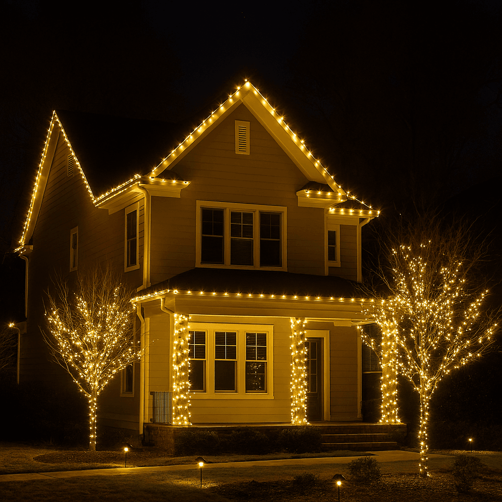 Christmas Light Installation Charlotte NC on a two-story home with roofline and landscape lighting