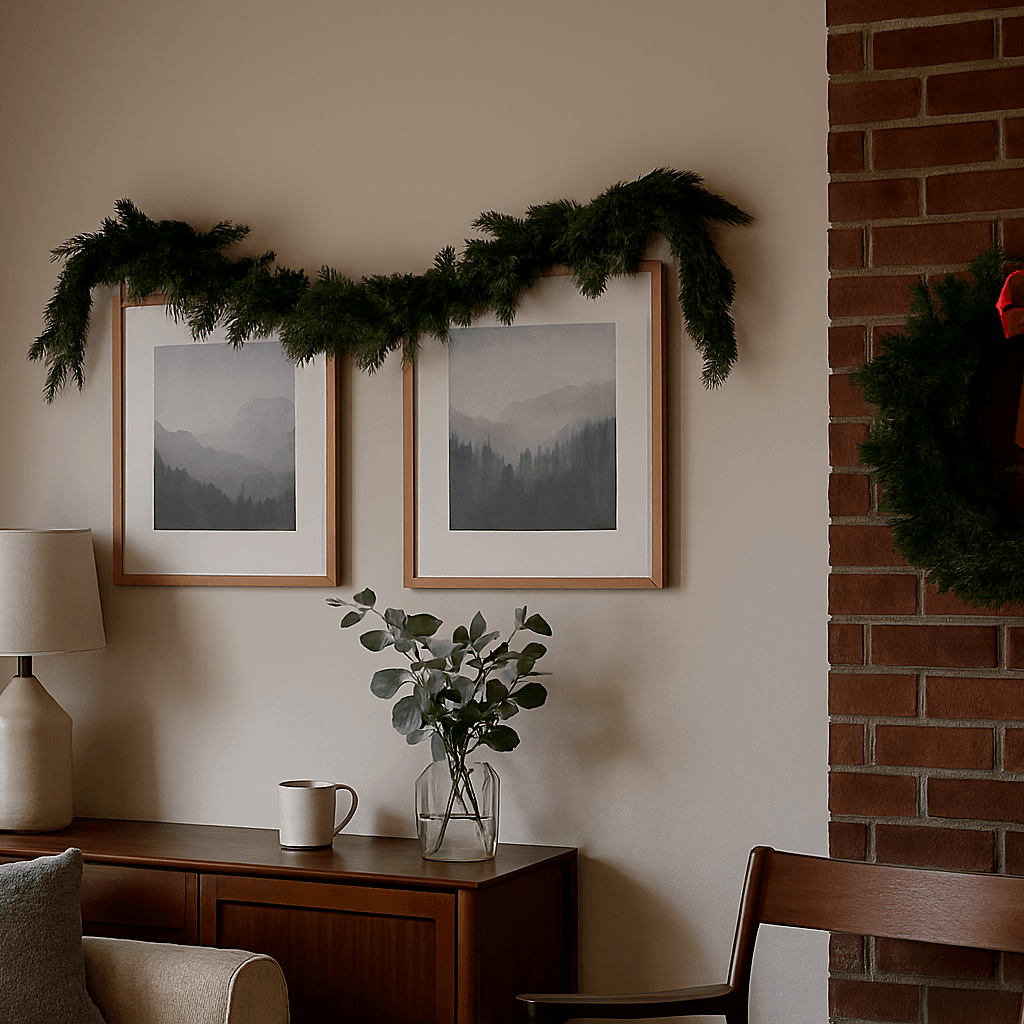 Christmas Wall-Mounted Holiday Decor on a Charlotte townhouse entryway featuring a vertical garland column and wreath on brick facade