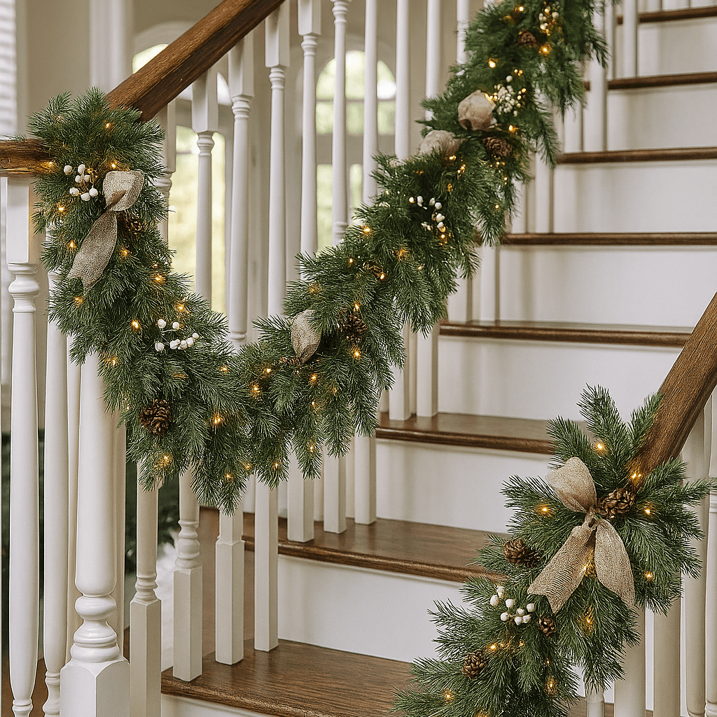 Garland installation on stair rail in Charlotte home featuring cascading greenery, fire-safe lighting, and festive holiday decor.