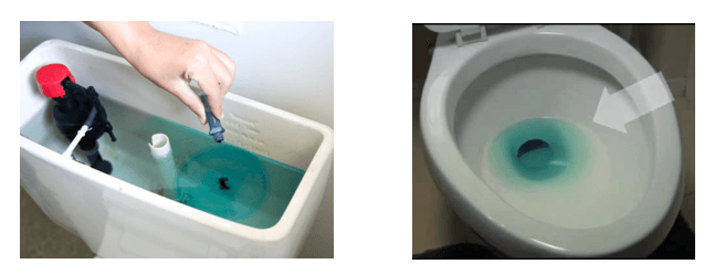 Toilet leak test using food coloring in Charlotte home.