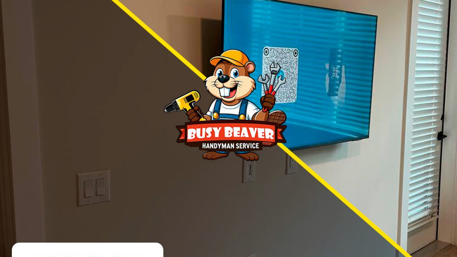 Before and after comparison of a professional tv mounting service charlotte nc provided by Busy Beaver Handyman Services, showing a clean flat-screen wall installation.