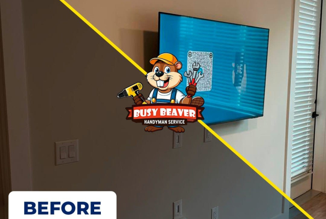 Before and after comparison of a professional tv mounting service charlotte nc provided by Busy Beaver Handyman Services, showing a clean flat-screen wall installation.